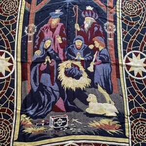 Nativity Scene Tapestry Knit Fringe Trim Throw Blanket Holiday Christmas